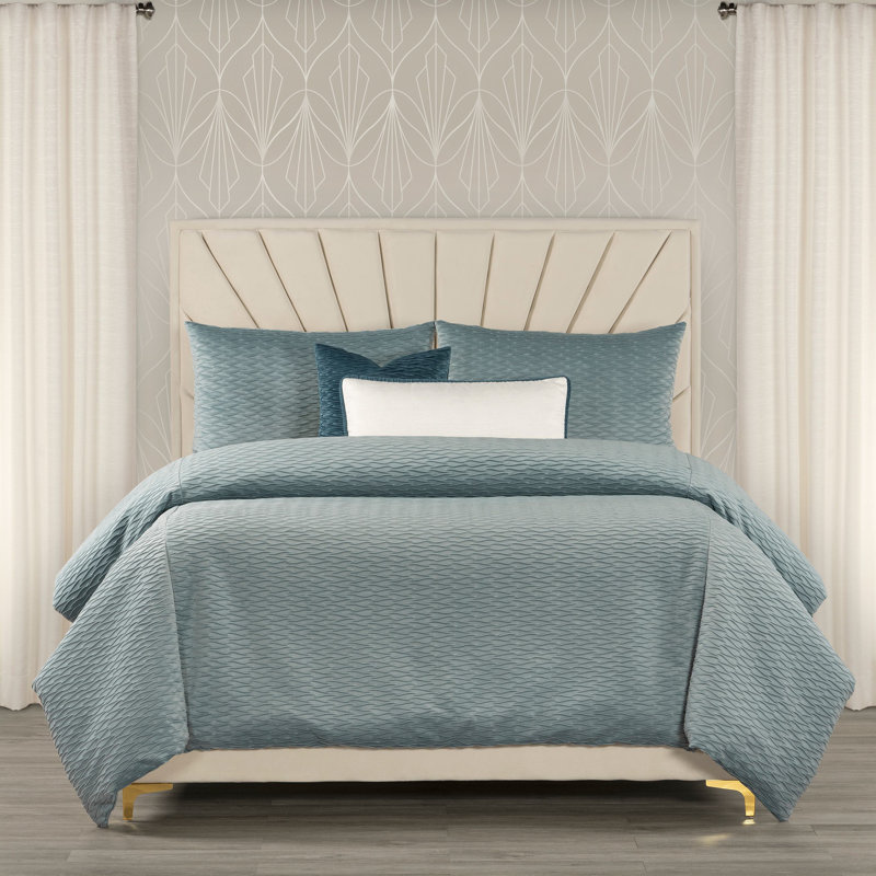 Pleated Velvet Wave Duvet Cover & Insert Set, King Duvet Cover & Insert + 5 Additional Pieces, Light Blue
