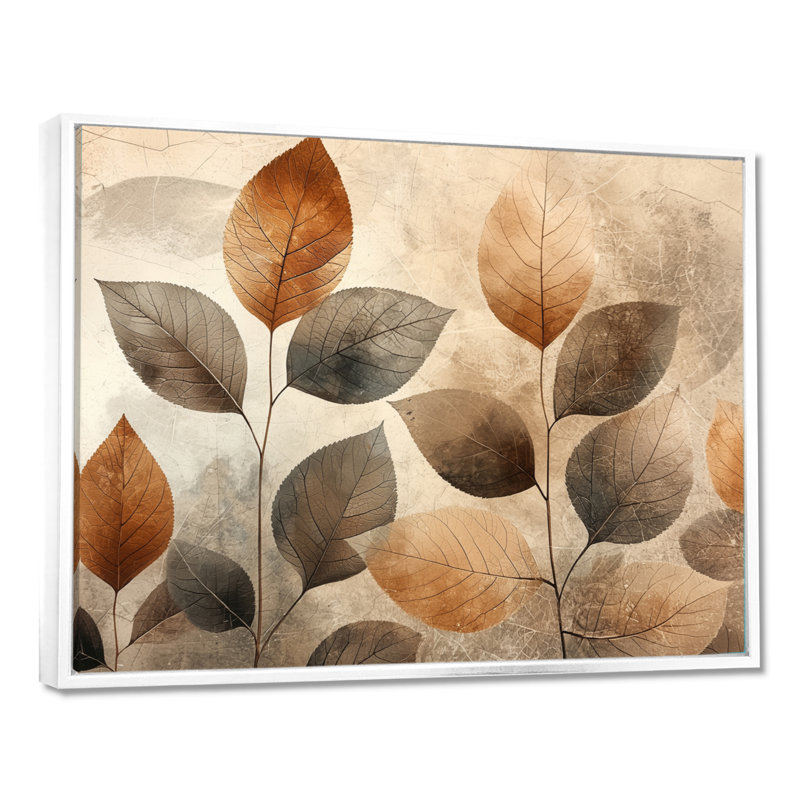 Taupe, feuilles, mosaïque, collage III - feuilles, art mural, H 30 po x l 40 po, Impression encadrée flottante, Blanc