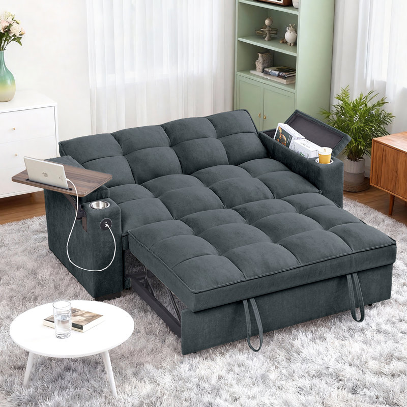Latitude Run® 65'' 3-in-1 Convertible Sofa Bed, Pull out Sleeper Sofa with 360° Swivel Side Table, USB, Cup Holder, Storage Armrest