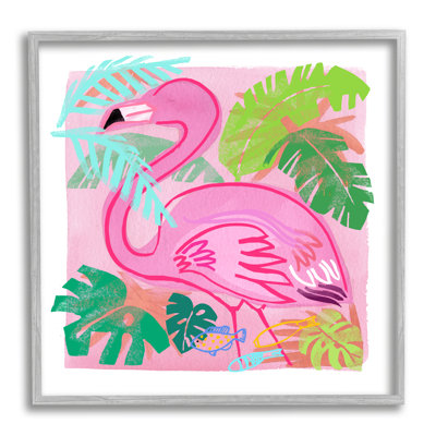 Stupell Industries Tropical Flamingo Bird Layered Fish Beach Leaves - Picture Frame Graphic Art On Wood In Farmhouse Gray Framed Giclee