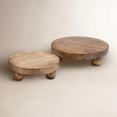 Decorative Round Wood Risers Tray for Ottoman & Coffee Table Decor - Home Decor Accent, Jewelry Display, and Kitchen Organizing - Set of 2, 10", 8"