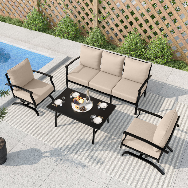 4-Piece Outdoor Metal Patio Conversation Set With Cushions, Tan
