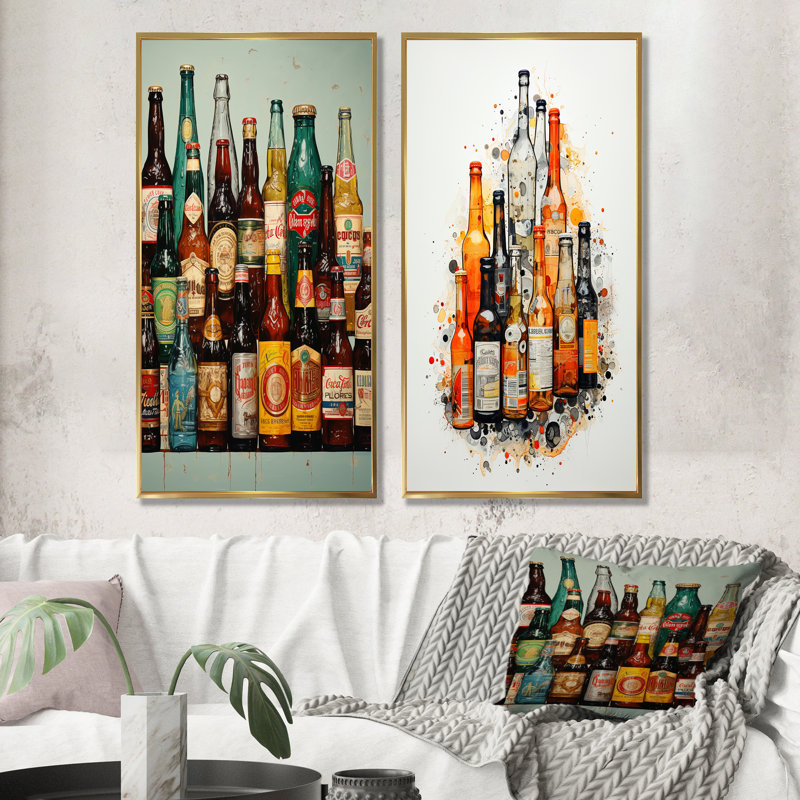 «Beer Bottles Collage», ensemble de 2 reproductions d'art sur toile, Encadrement doré, H 32 po x l 33 po