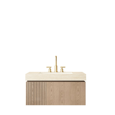 Meuble-lavabo 36 po, armoire flottante en contreplaqué, pierre frittée, cuve en céramique, 3 trous de robinet standard, brun, rangement en contreplaqué à fermeture en douceur dans le comptoir en pierre, beige, pré-assemblé, système, facile