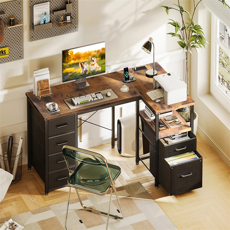 Corner Computer Desk With 1 Filing Cabinet And 5 Linen Drawers, L-Shaped Desk With Power Outlets, Brown/Black