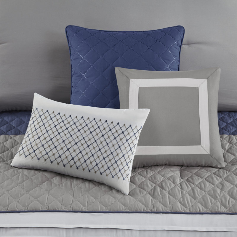 Jenson 7 Piece Color Block Stripe Comforter Set with Throw Pillows, King Comforter + 6 Additional Pieces, Blue