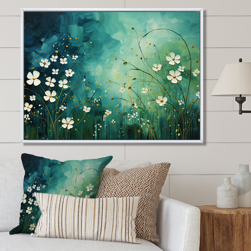 Symphonie d'herbes blanches et vertes sur toile, Cadre photo argenté, H 30 po x l 40 po