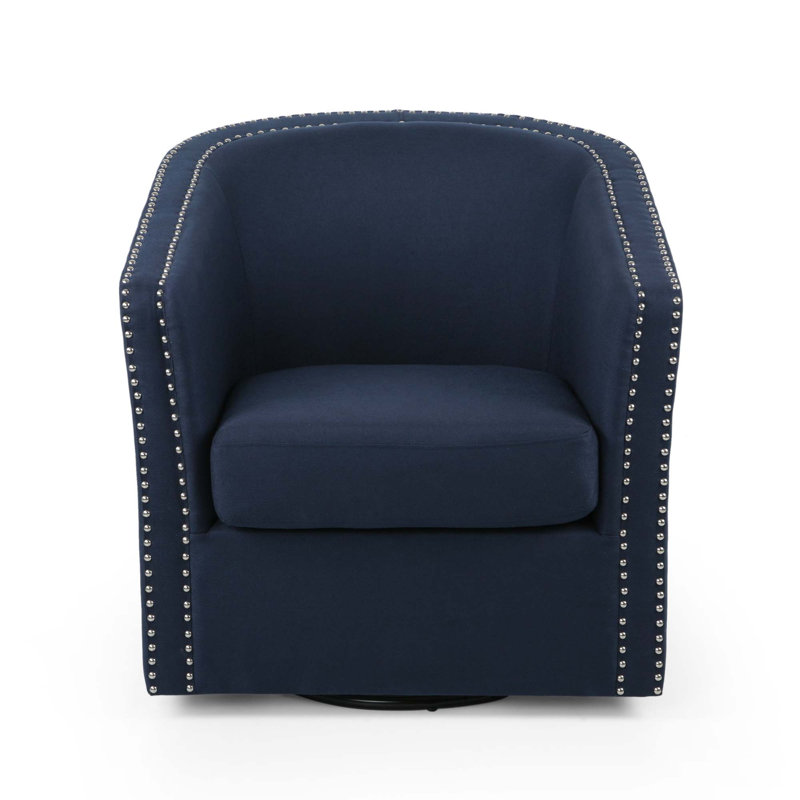 Aajaylah Upholstered Swivel Barrel Chair, Blue Fabric