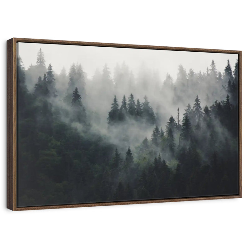 Misty Forest Mountain, 46 po x 31 po, Cadre flottant noyer
