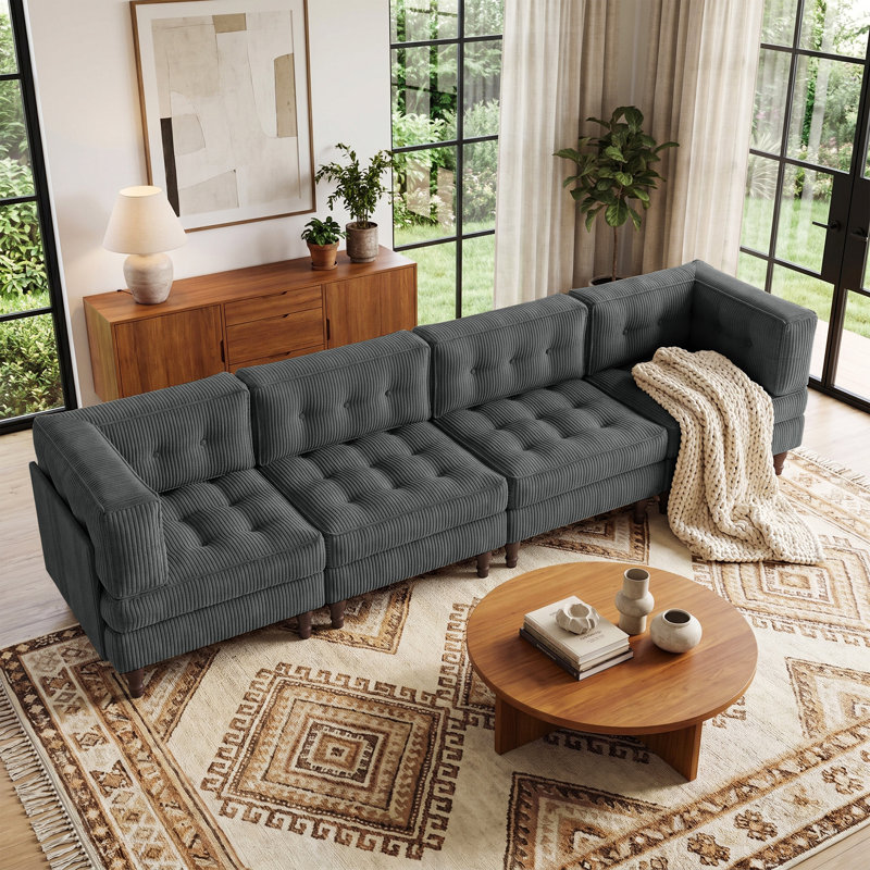 Ensemble modulaire en velours côtelé capitonné 4 pièces avec dossier coussiné 4 pièces, H 31,8 po x l 130,6 po x P 32,6 po, 4