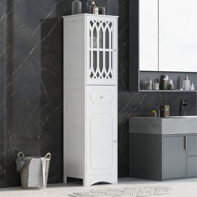 Grande armoire de salle de bain, armoire de rangement autoportante avec tiroir et portes, panneau de fibres à densité moyenne, porte en acrylique, tablette réglable