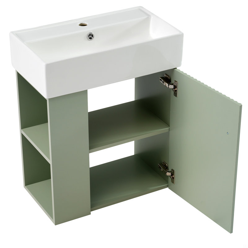 Meuble-lavabo flottant avec lavabo en céramique, Vert, Doré