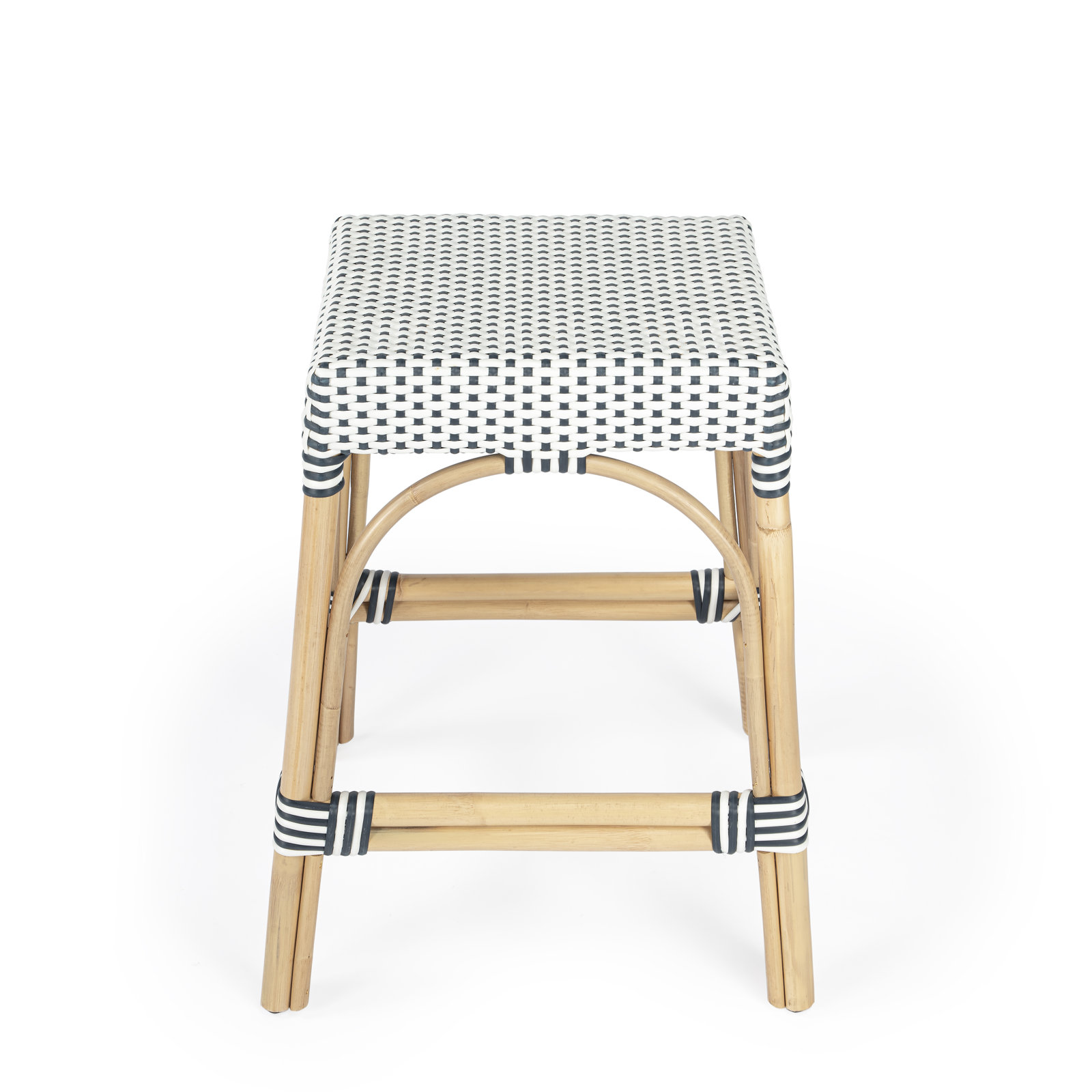Lennart Bar Stool, White/Navy Dot/ Natural Rattan Frame, Bar Stool (30" Seat Height)