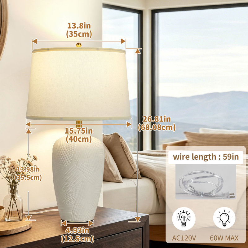 Lampe de table moderne en céramique texturée à commande tactile, Beige, H 26,8 po x P 15,8 po