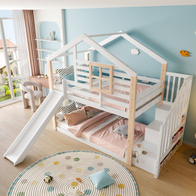 3ft Single House Bunk Bed with Slide & Storage Stair