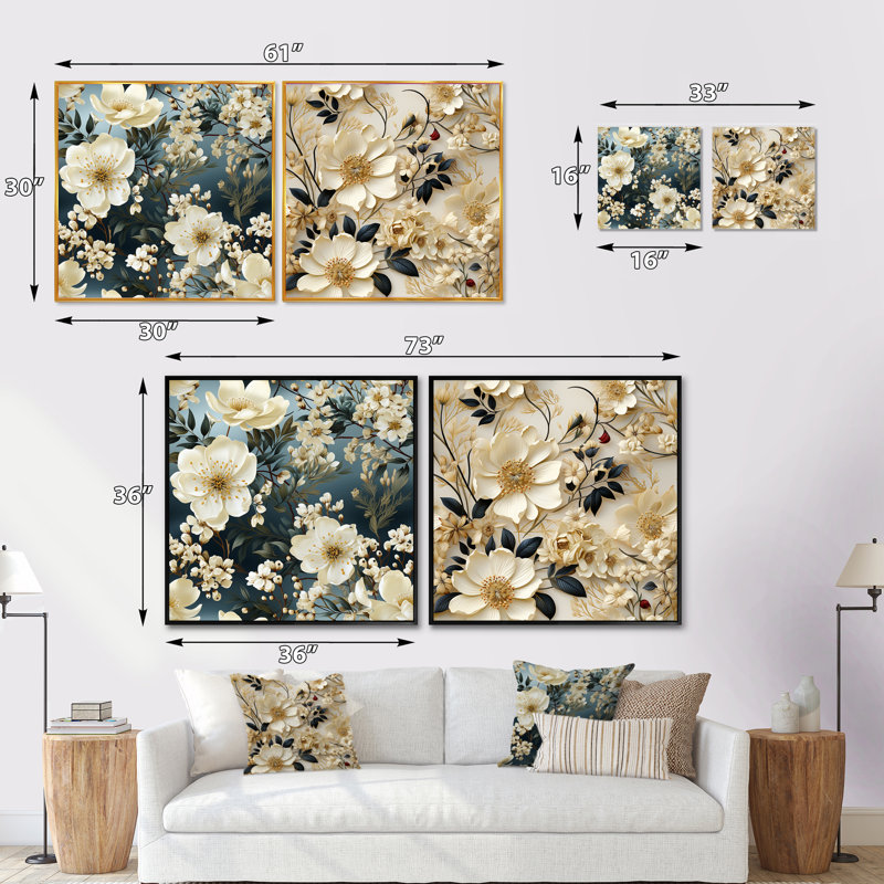 Otero - Ensemble de 2 collages carrés floraux, Cadre flottant noir, H 16 po x l 33 po