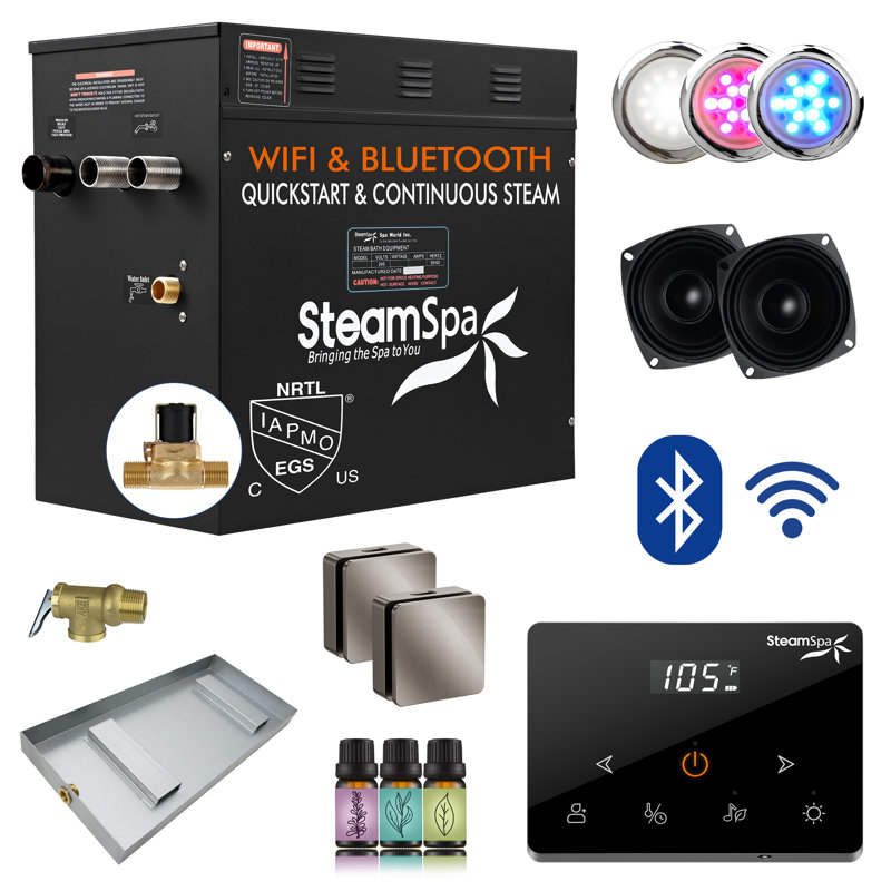 Black Series 10.5KW Steam Bath Generator With Fully Wireless Remote, BLUETOOTH, WIFI, And Auto Drain In Brushed Nickel