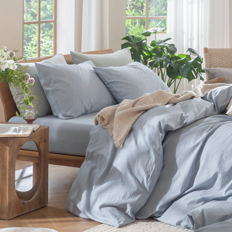 Ensemble de housse de couette 100% coton délavé MooMee, Housse de couette pour lit simple + 1 taie d'oreil, Bleu bleuet