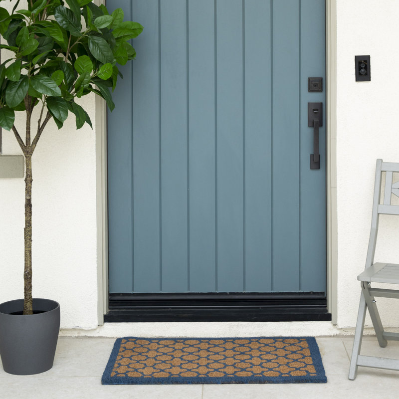 Clara Blue Quatrefoil Non-Slip Outdoor Coir Doormat, 22" W x 36" L