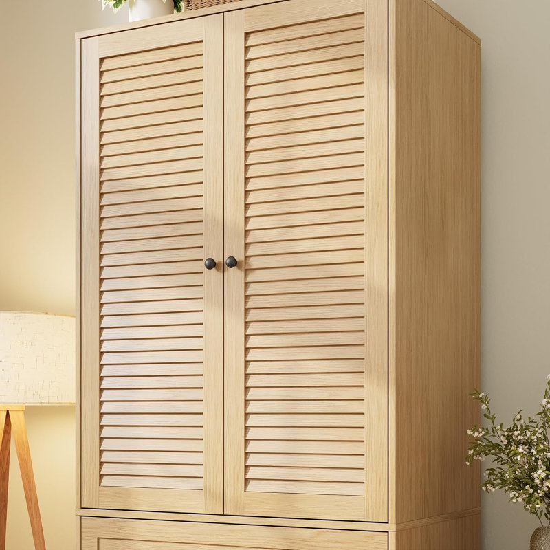 Armoire 70 po en bois avec 2 portes et 3 tiroirs, armoire de rangement pour chambre à coucher, Natural