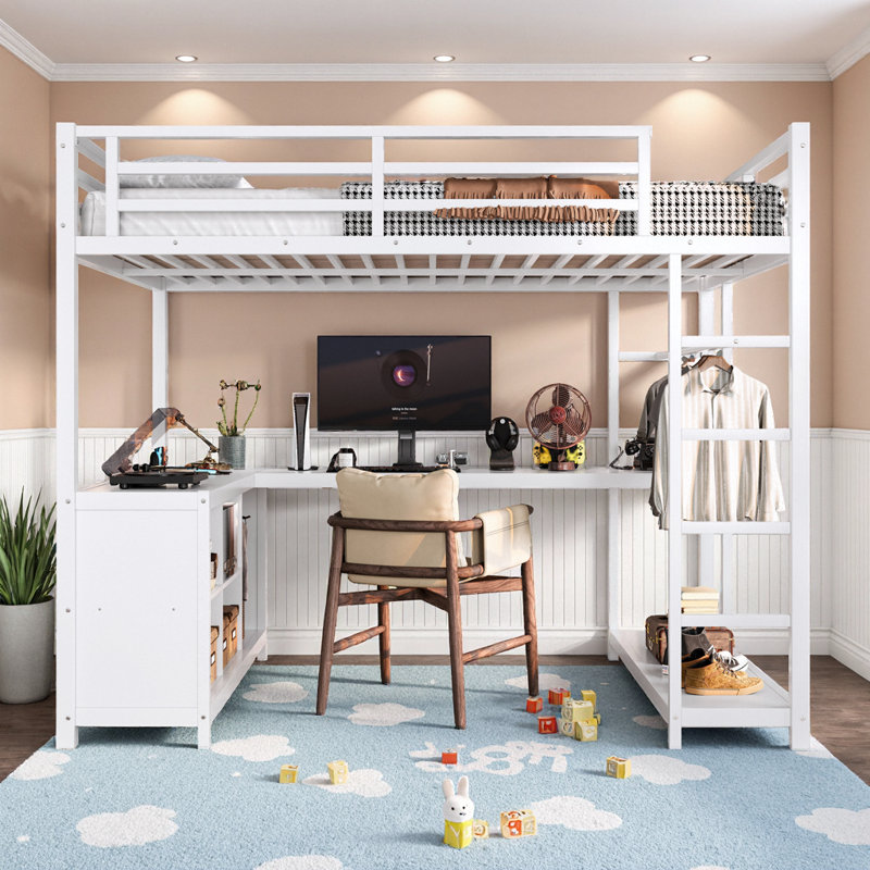 Space-Saving Loft Bed with Built-In Wardrobe and L-Shaped Desk - Ideal for Kids, Teens, and Adults Offering Fun Storage Solutions (120 characters)