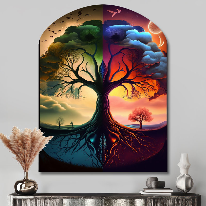 Arbre de vie, jour et nuit I - Paysage, arche de forêt, art mural asymétrique, H 43 po x l 33 po