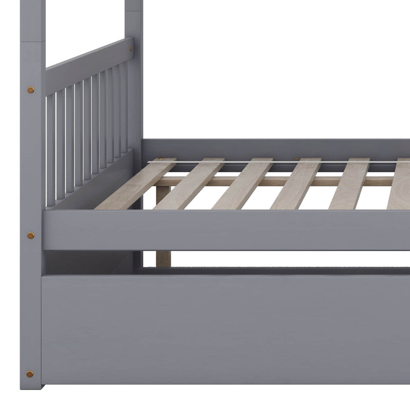 Lit superposé double en bois d'hévéa double avec lit gigogne, échelle convertible et garde-corps, gris