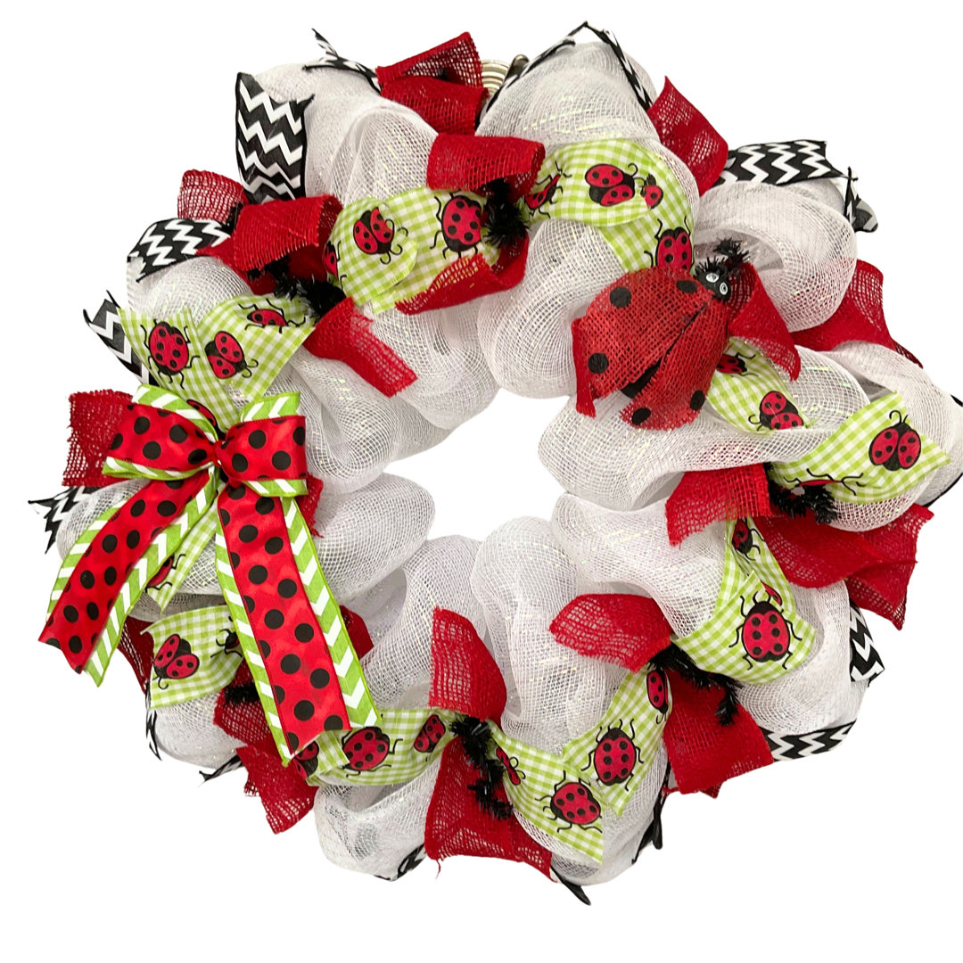 Ladybug Spring Wreath 24 inches Indoor/Outdoor Handmade Deco Mesh Latitude Run®