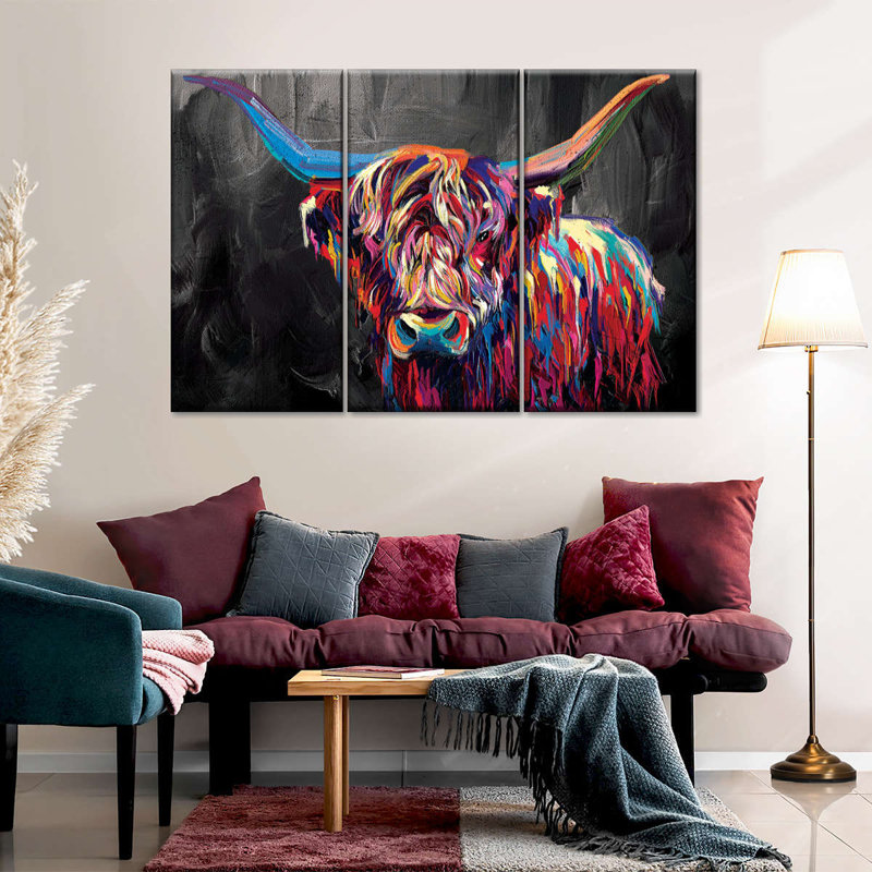 Highland Cow - Vache multicolore sur toile, 3 pièces, H 24 po x l 38 po x P 1,25 po