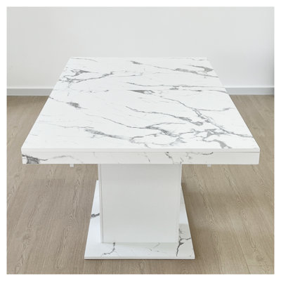 Extendable Dining Table for 6-10 People, Modern White Marble Finish Faux Wood Rectangular Kitchen Table, Particle Board Construction