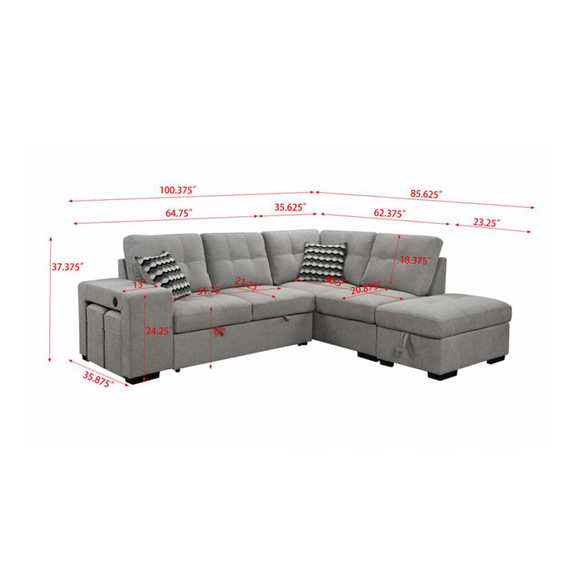 Bezons Upholstered Sectional, Light Gray Polyester