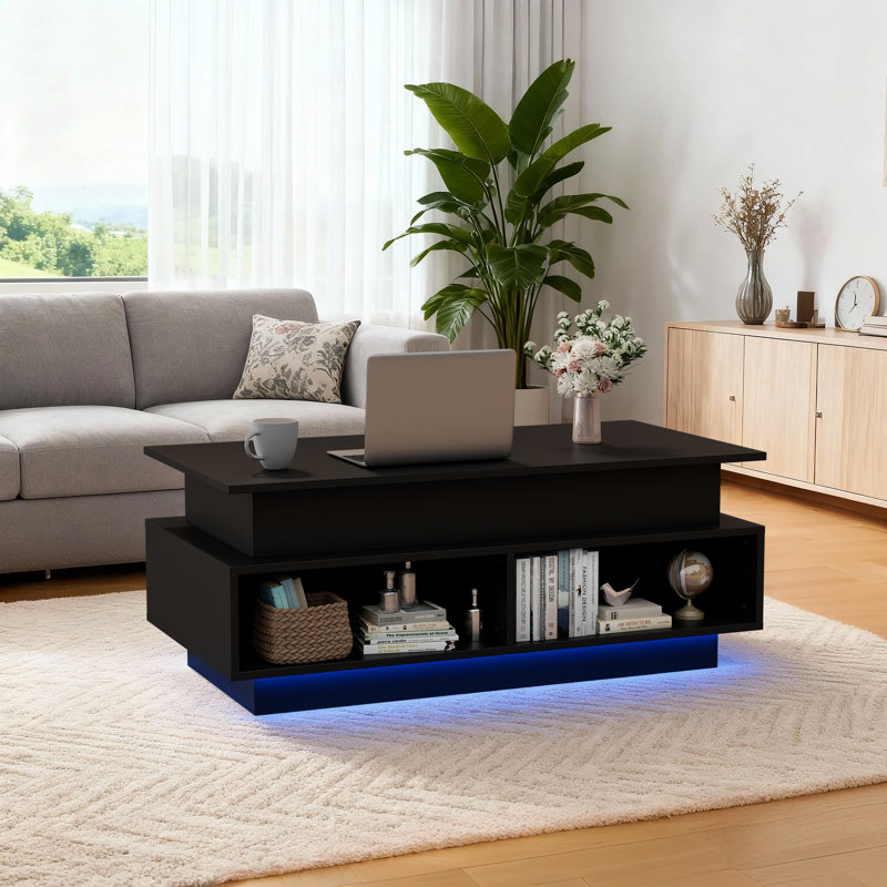40'' Rectangular Lift Top Coffee Table With Rgb Led, Hidden & 4 Open Storage, Black
