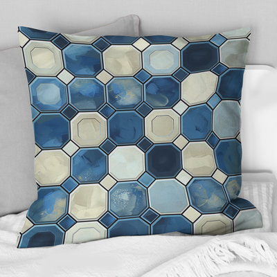 Imprimé hexagonal bleu et blanc I - Coussin moderne