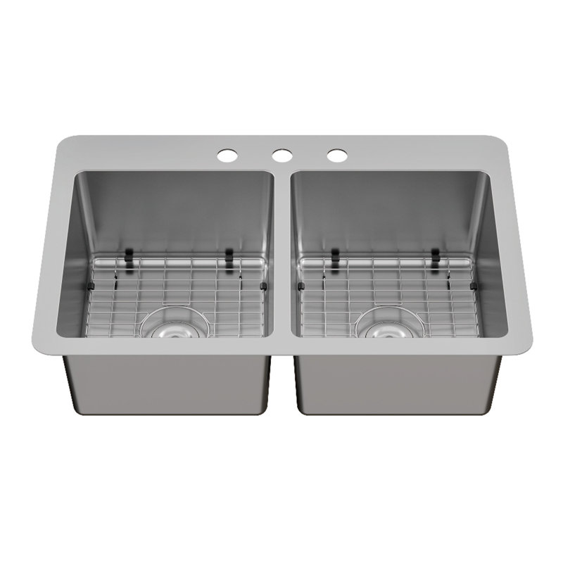 Évier de cuisine en acier inoxydable à double cuve avec drain Kingston, 3