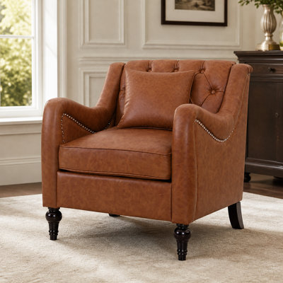 Fauteuil capitonné en similicuir PU avec accoudoirs arrondis, brun