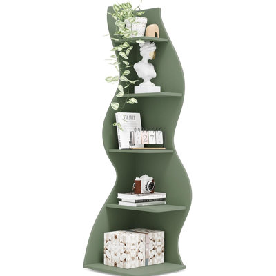 Bibliothèque d'angle à 5 niveaux avec rangement robuste pour livres et décor dans des espaces compacts.