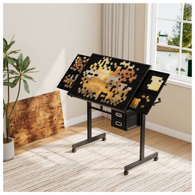 Table de casse-tête 1000 pièces pour adultes avec 4 plateaux de rangement et 2 tiroirs - Table roulante avec roues verrouillables et housse de protection en bois