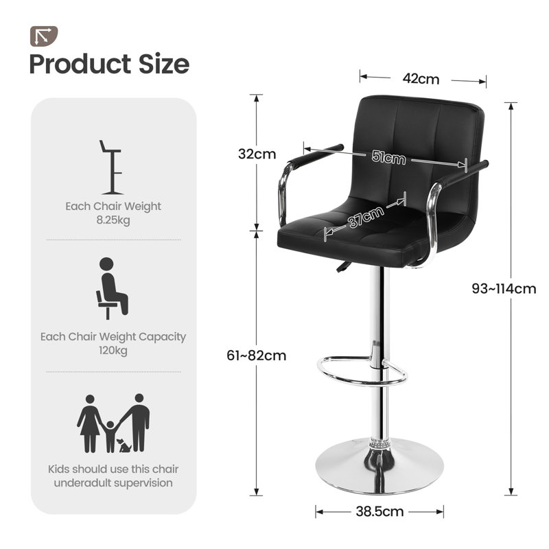 Set Of 2, Breakfast Bar Stool With Armrest And Back Swivel Gas Lift Leather Kitchen Bar Stool, Black