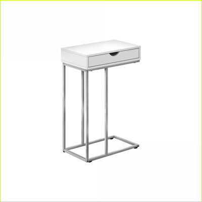 Table basse en forme de C peu encombrante avec plateau en stratifié gris et base en métal noir, style moderne pour le salon
