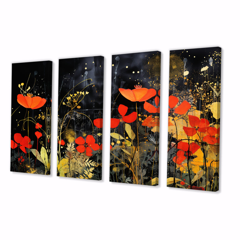 «Modern Orange and Green Tropical Flowers I - Abstract Collages», art mural 4 pièces, H 28 po x l 48 po