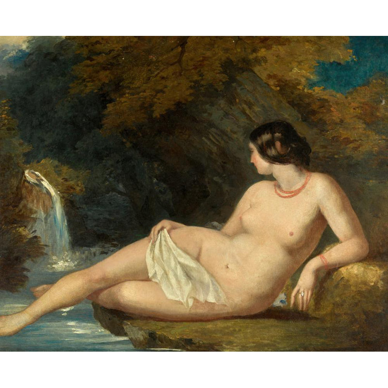 «Reclining Femelle Nude by a Waterfall» par William Etty - Art mural sur toile tendue avec châssis, H 18 po x l 14 po