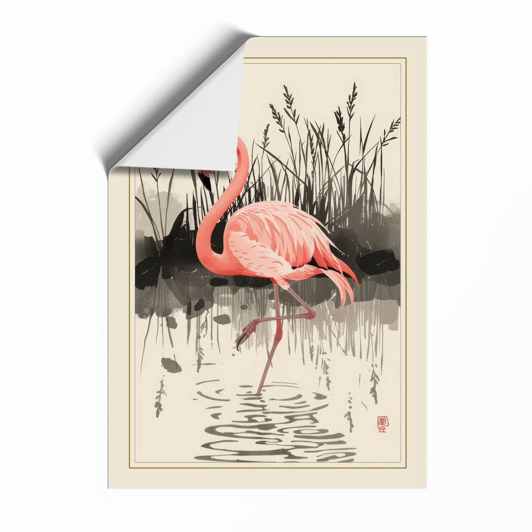 Flamingo in Shallow Water Japandi - Framed Print