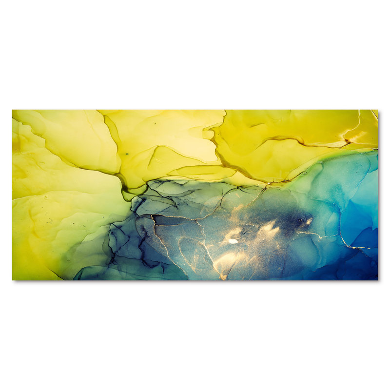 " Yellow And Blue Marble Waves II " Painting Print, Wrapped Canvas, 28" H x 60" W x 1.5" D