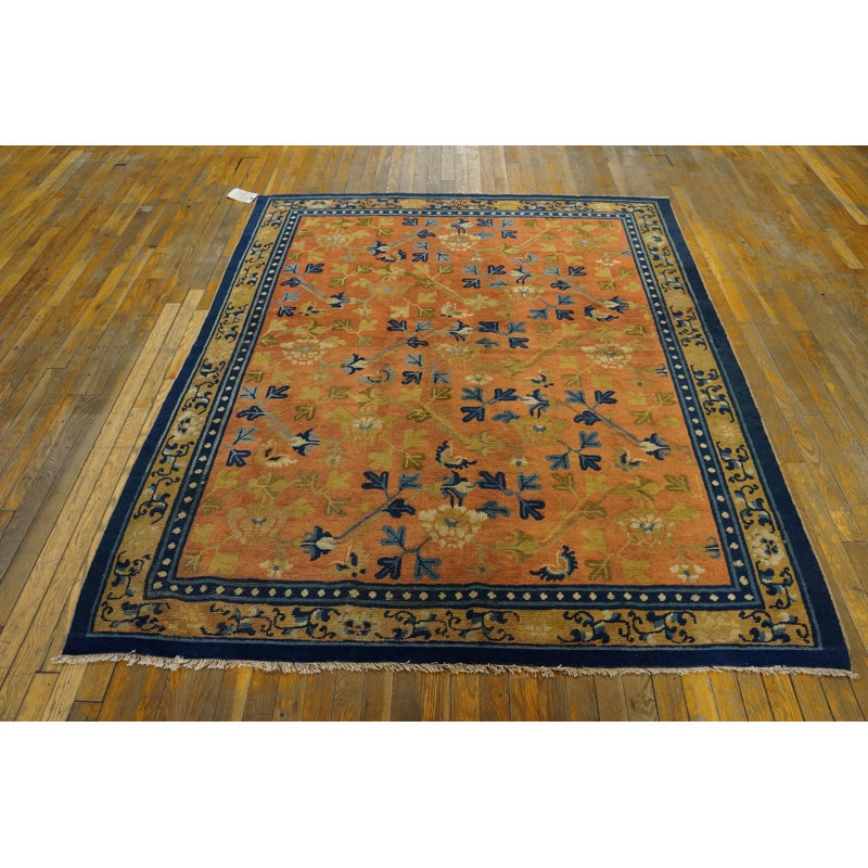 Square Geometric Antique Coral Color Late 18th Century Chinese Ningxia Rug