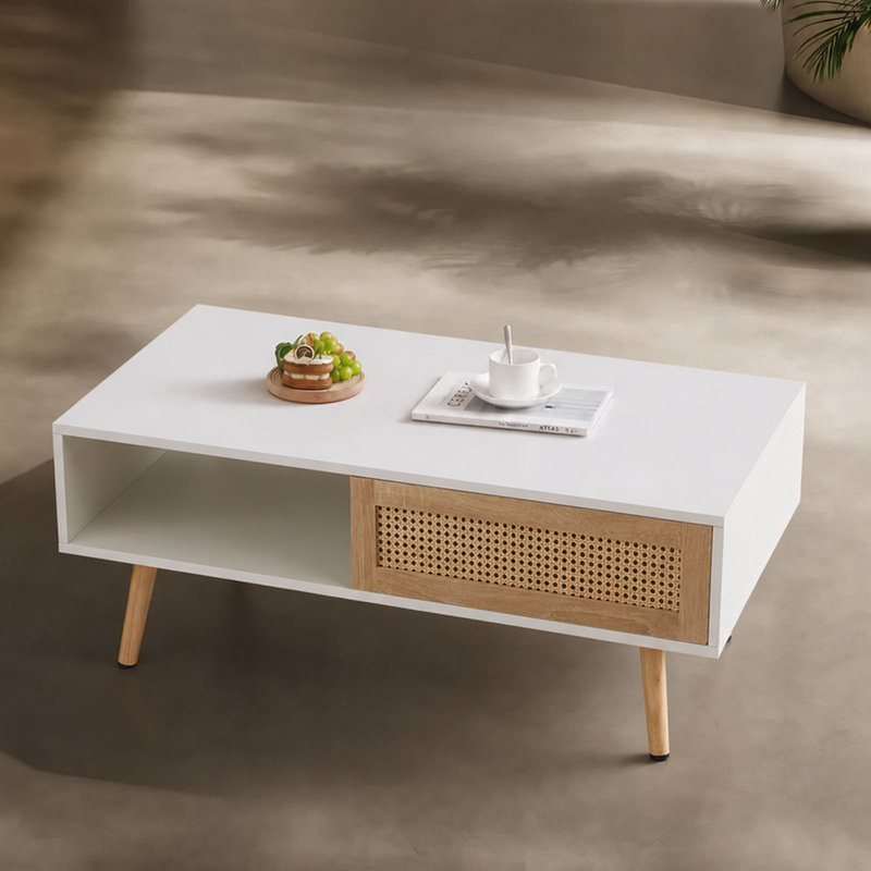 Table basse rectangulaire de 105 cm (41,3 po) avec rangement en rotin et pieds en bois massif, style minimaliste moderne