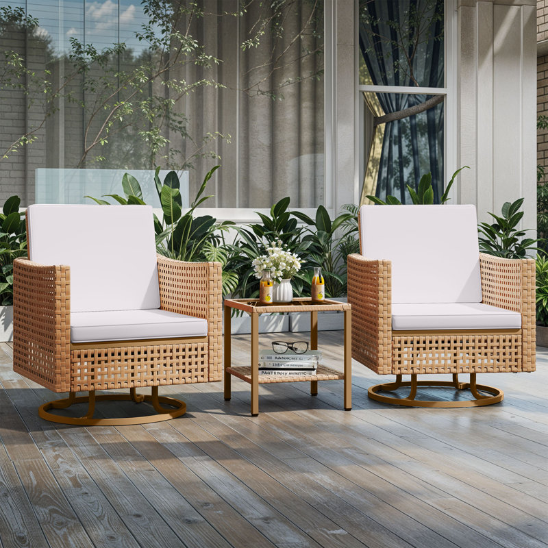 Outdoor Swivel Rocking Chairs With Rattan Side Table, Beige, Brown