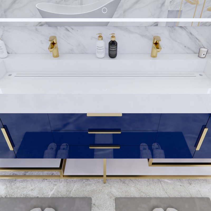 Ensemble de meuble-lavabo double 72 po Glasgow, Bleu nuit ultrabrillant, Blanc