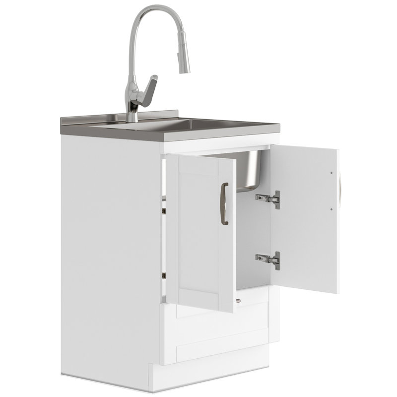 Reed - Deluxe Laundry Cabinet With Pull-Out Faucet And Stainless Steel Sink - White, 24"
