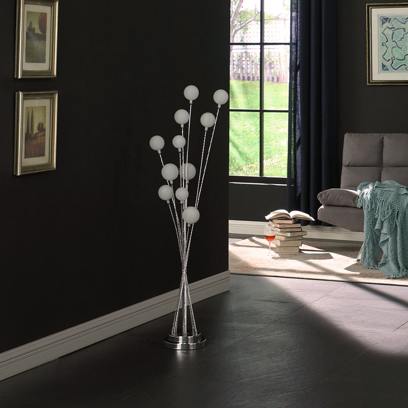 46" In 11-Light Acrylic Globe Aluminun Led Chrysanthe Silver Chrome Metal Floor Lamp, Silver
