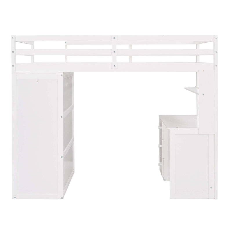 Lit mezzanine avec tiroirs, bureau et garde-robe, Lit simple, Blanc